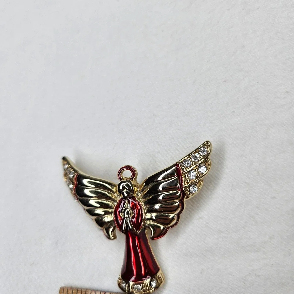 Monet Gold Tone Red Enamel Angel‎ Brooch Pin Rhinestone Wings Christmas Holiday